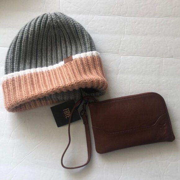 Frye Color Block Beanie HAT Sz.66-68 and Leather Wristlet Set Dust Pink Brown - Picture 4 of 12
